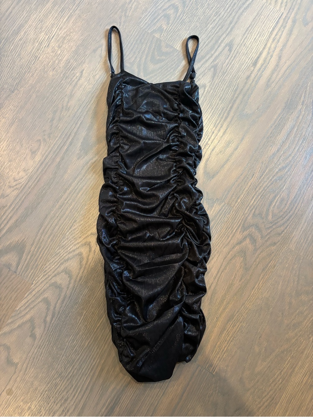 Katie J NYC Black Shimmer Ruched Mini Dress with Spaghetti Straps